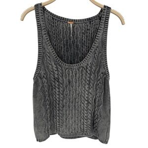 Free People High Tide Cable Tank Top Large Gray Black Knit Sleeveless Boho Shell